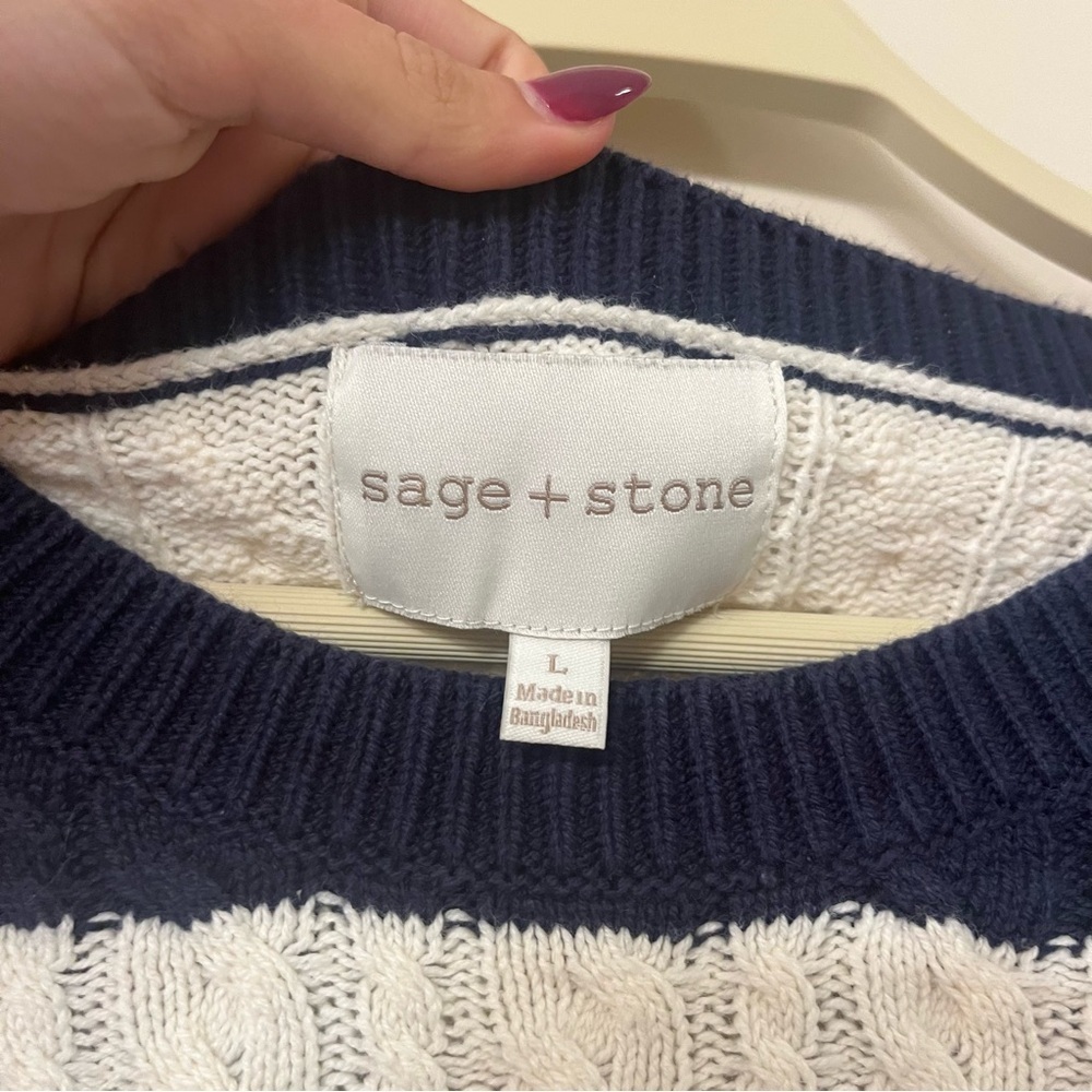 Women’s ribbed sweater sage + stone beige navy striped crew neck - Picture 2 of 4